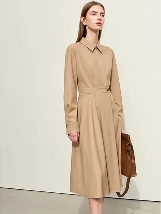 Front view of camel long-sleeve midi dress with pointed collar and gathered waist
