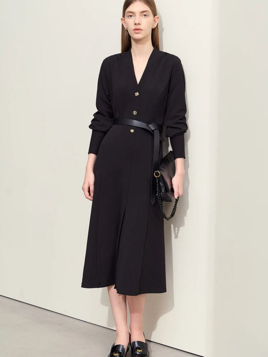 Black long-sleeve midi dress with v-neckline, gold buttons, and belted waist