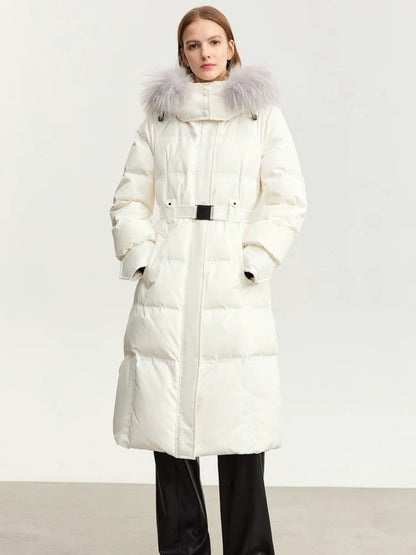 White puffer coat with fur hood and belt, shown from the front