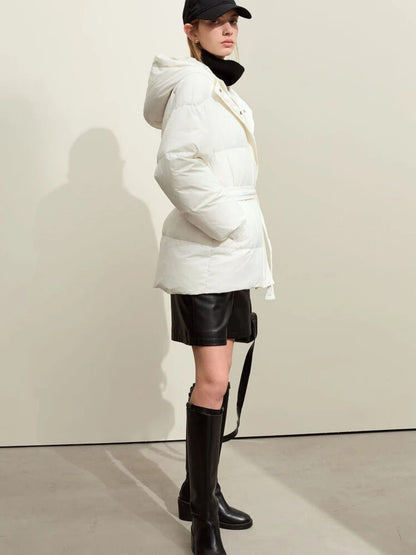Back-side view of short white puffer jacket with adjustable waist belt